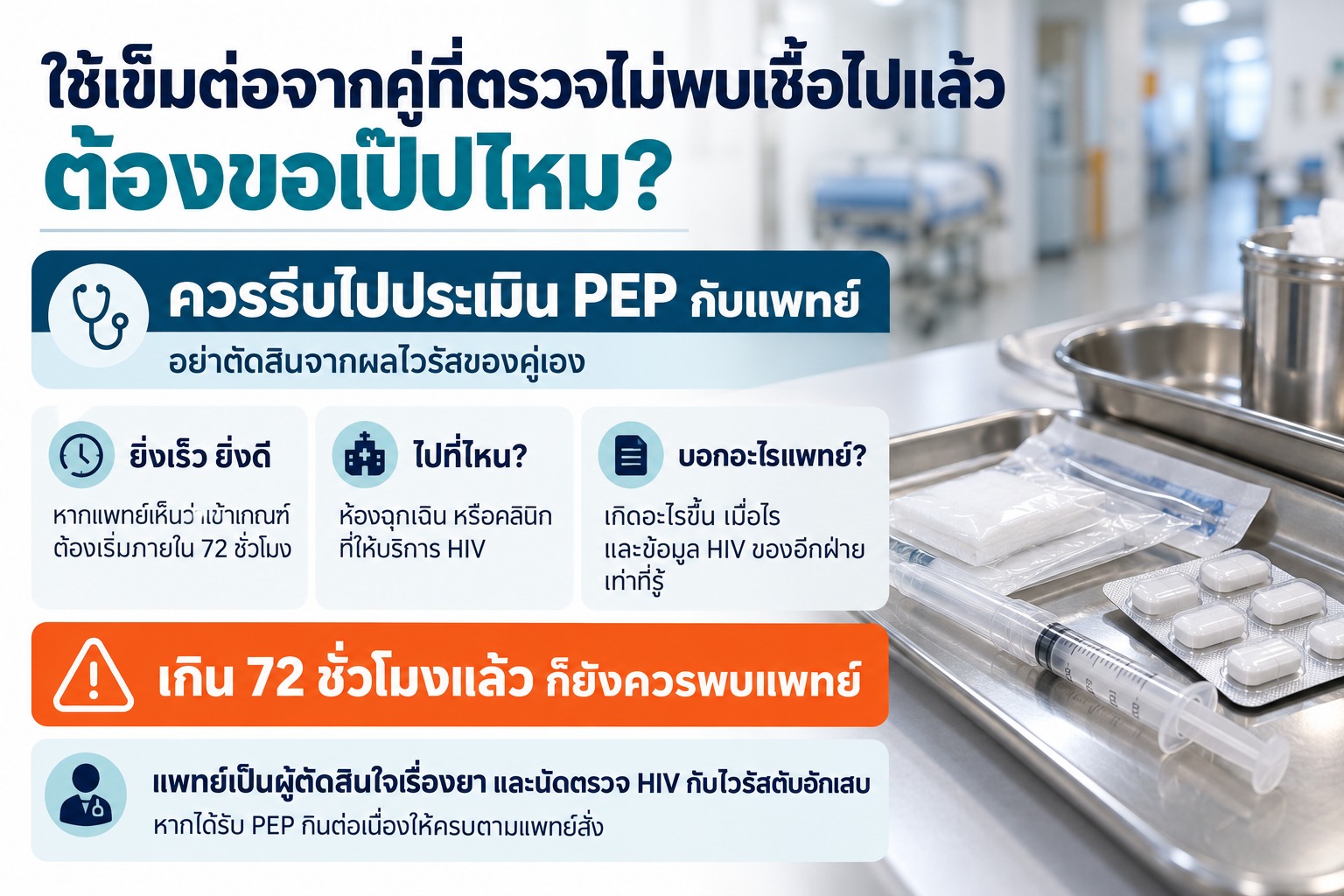 ภาพเสมือนจริงเข็มฉีดยาและแผงยาบนถาดในสถานพยาบาล พร้อมข้อความให้รีบประเมิน PEP กับแพทย์ โดยไม่ตัดสินจากผลไวรัสของคู่เอง